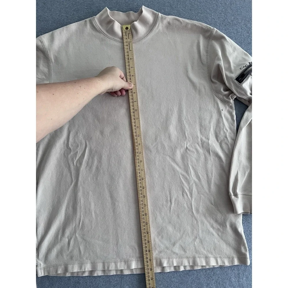 Eddie Bauer Mock Neck 100% Cotton L Long Sleeve Mens Shirt Beige Tan Putty Zip